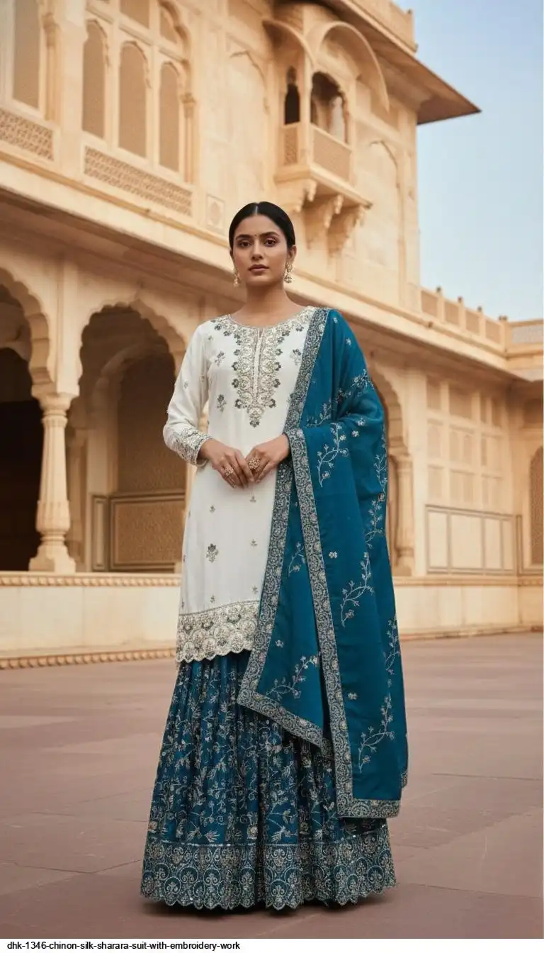 DHK 1346 CHINON SILK SHARARA SUIT WITH EMBROIDERY WORK D
