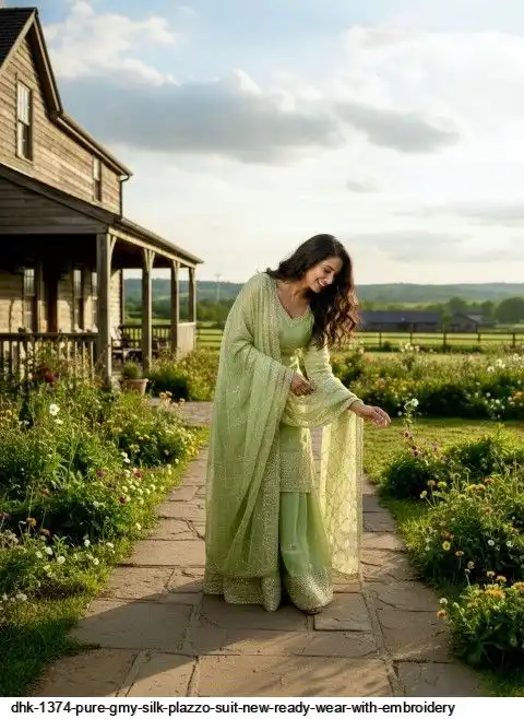 DHK 1374 PURE GMY SILK PLAZZO SUIT NEW READY WEAR WITH EMBROIDERY C