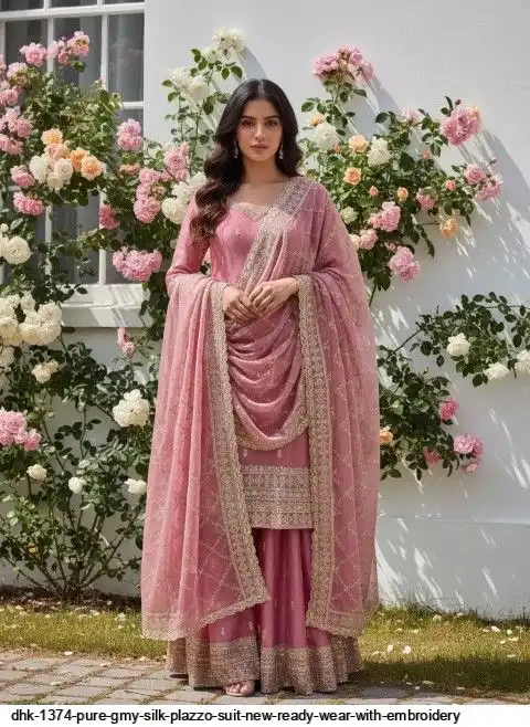 DHK 1374 PURE GMY SILK PLAZZO SUIT NEW READY WEAR WITH EMBROIDERY A