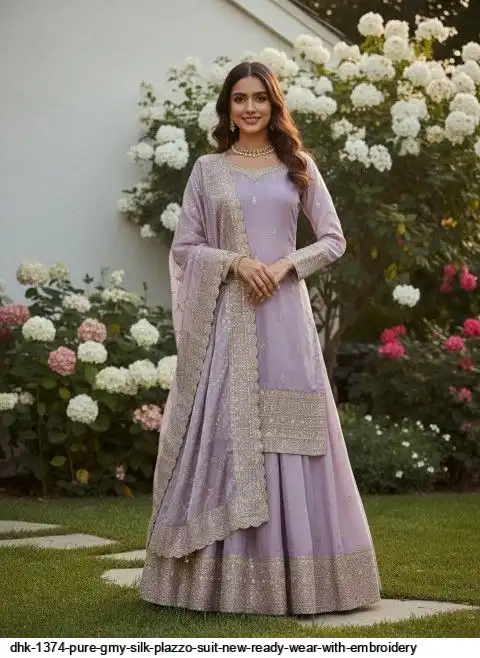 DHK 1374 PURE GMY SILK PLAZZO SUIT NEW READY WEAR WITH EMBROIDERY D