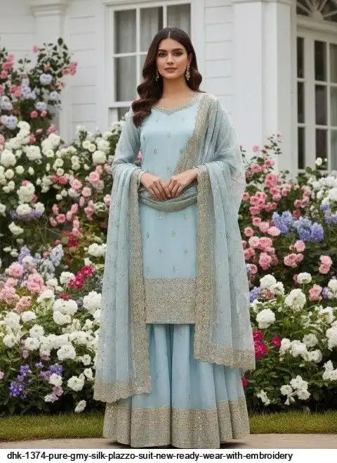 DHK 1374 PURE GMY SILK PLAZZO SUIT NEW READY WEAR WITH EMBROIDERY B