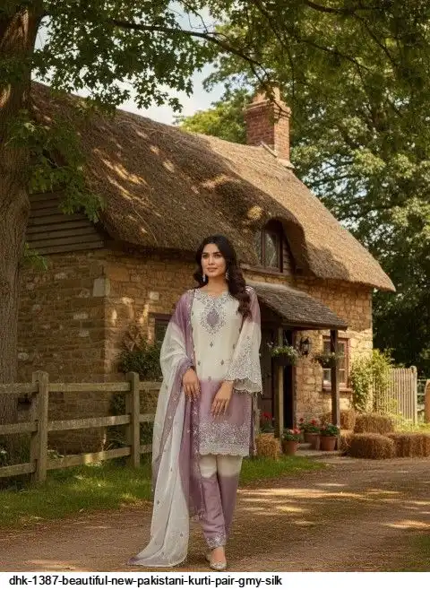 DHK 1387 BEAUTIFUL NEW PAKISTANI KURTI PAIR GMY SILK B