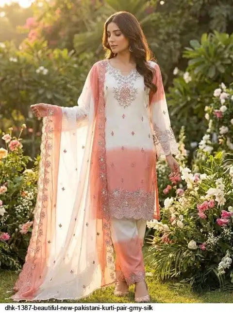 DHK 1387 BEAUTIFUL NEW PAKISTANI KURTI PAIR GMY SILK C