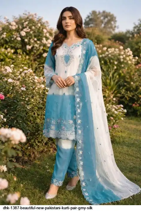 DHK 1387 BEAUTIFUL NEW PAKISTANI KURTI PAIR GMY SILK D