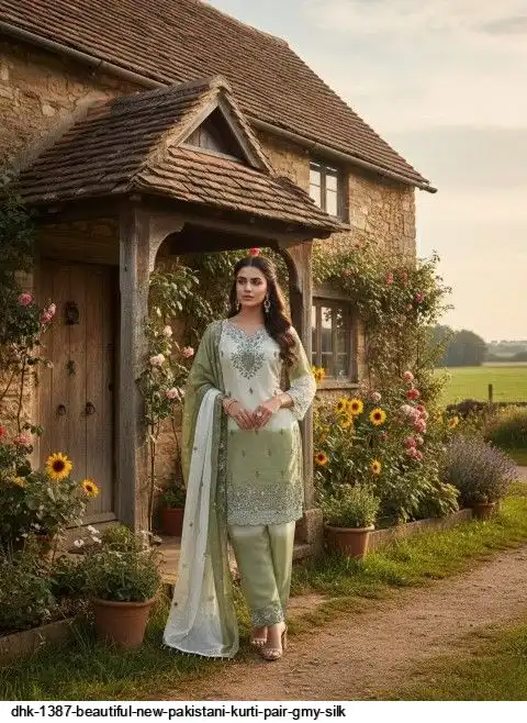 DHK 1387 BEAUTIFUL NEW PAKISTANI KURTI PAIR GMY SILK A