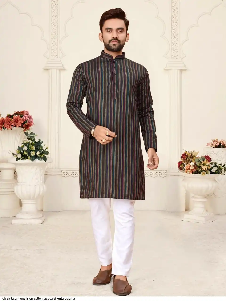 DHRUV TARA MENS LINEN COTTON JACQUARD KURTA PAJAMA B