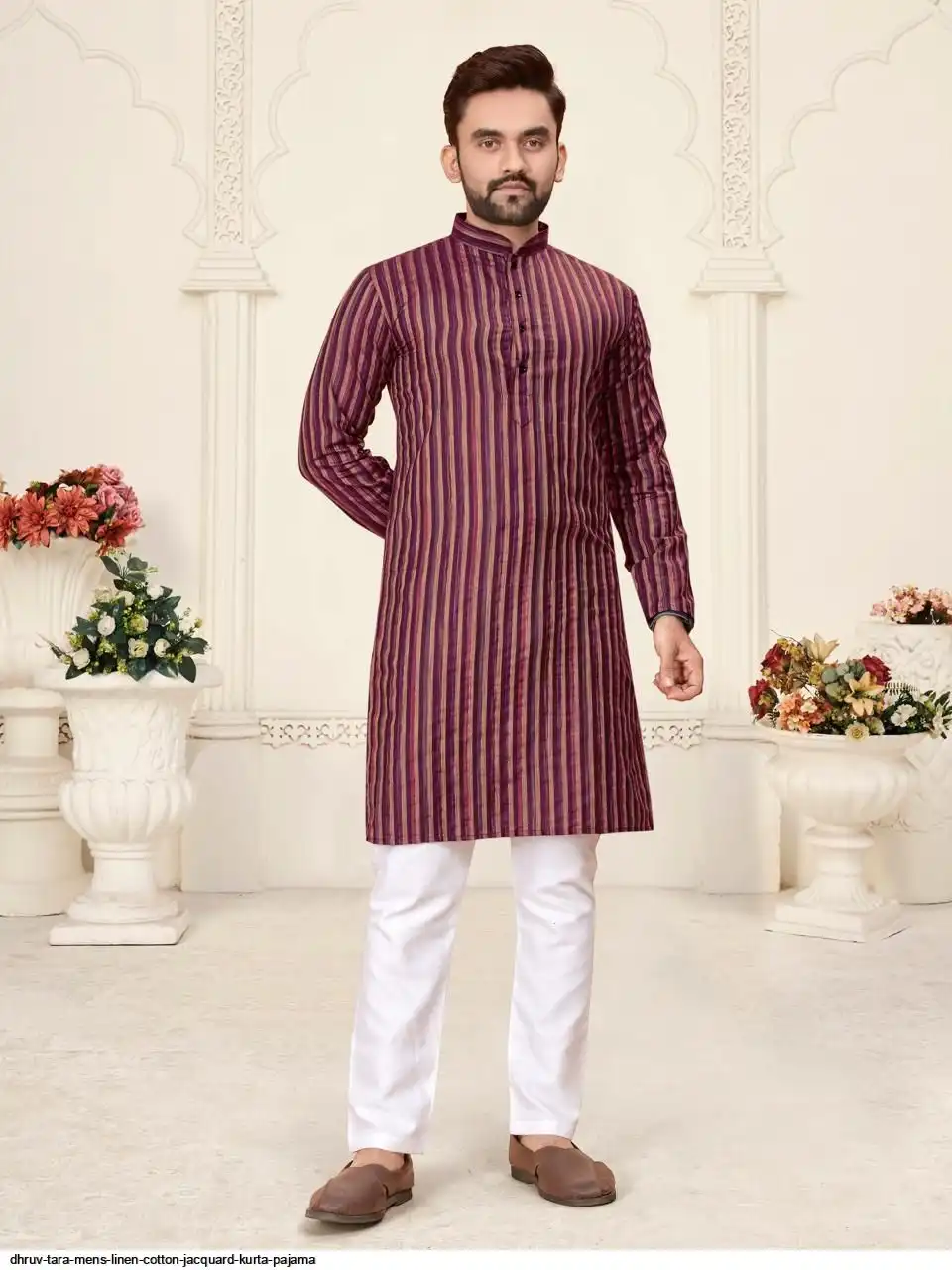 DHRUV TARA MENS LINEN COTTON JACQUARD KURTA PAJAMA D