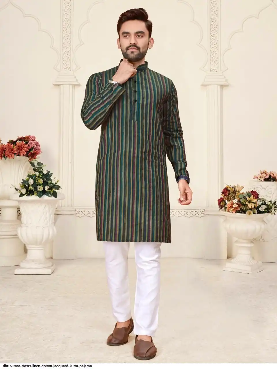 DHRUV TARA MENS LINEN COTTON JACQUARD KURTA PAJAMA C