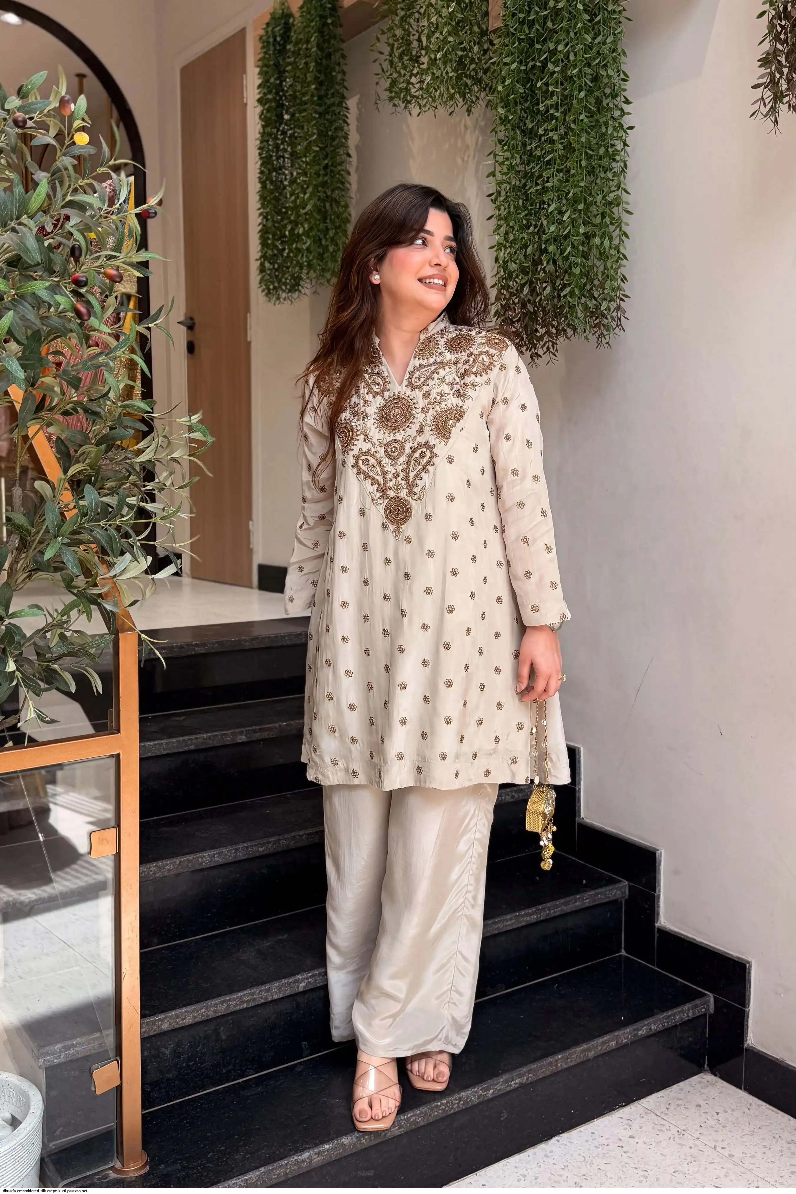 DHUALFA EMBROIDERED SILK CREPE KURTI PALAZZO SET B