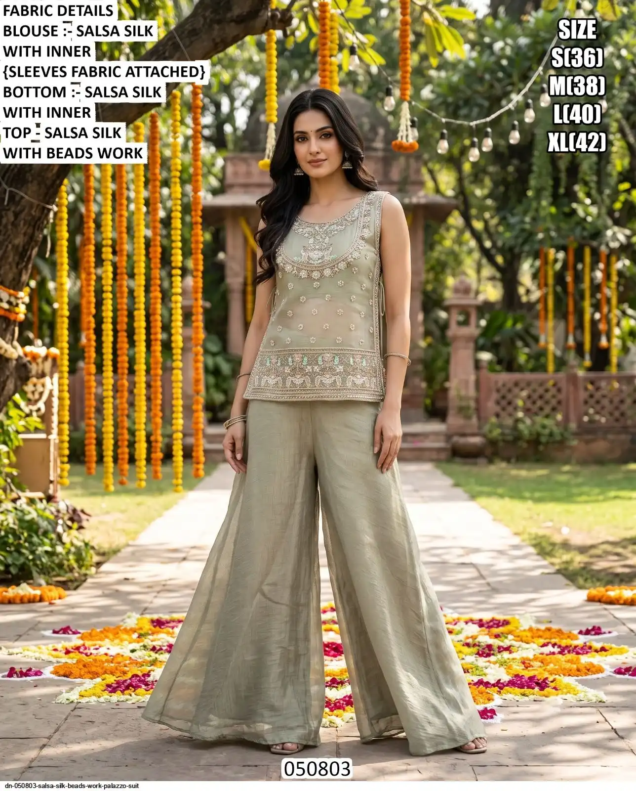 DN 050803 SALSA SILK BEADS WORK PALAZZO SUIT A
