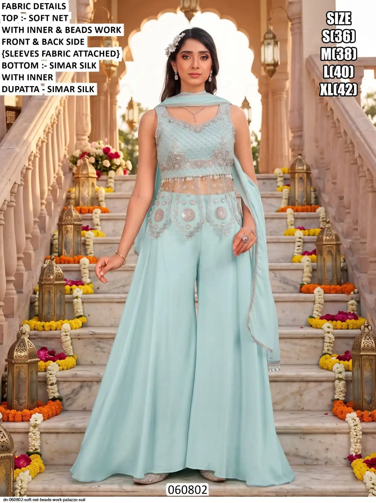 DN 060802 SOFT NET BEADS WORK PALAZZO SUIT C