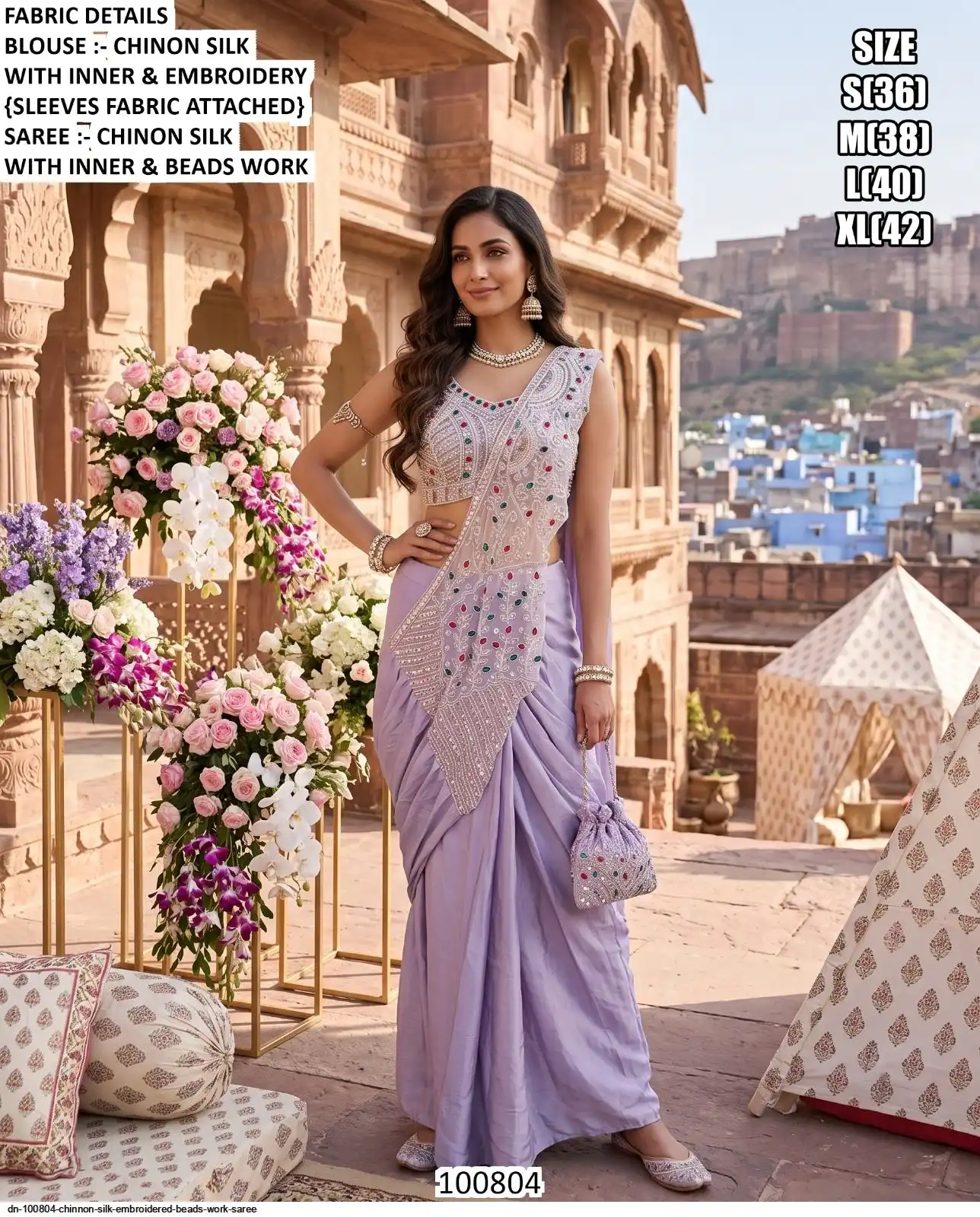 DN 100804 CHINNON SILK EMBROIDERED BEADS WORK SAREE A