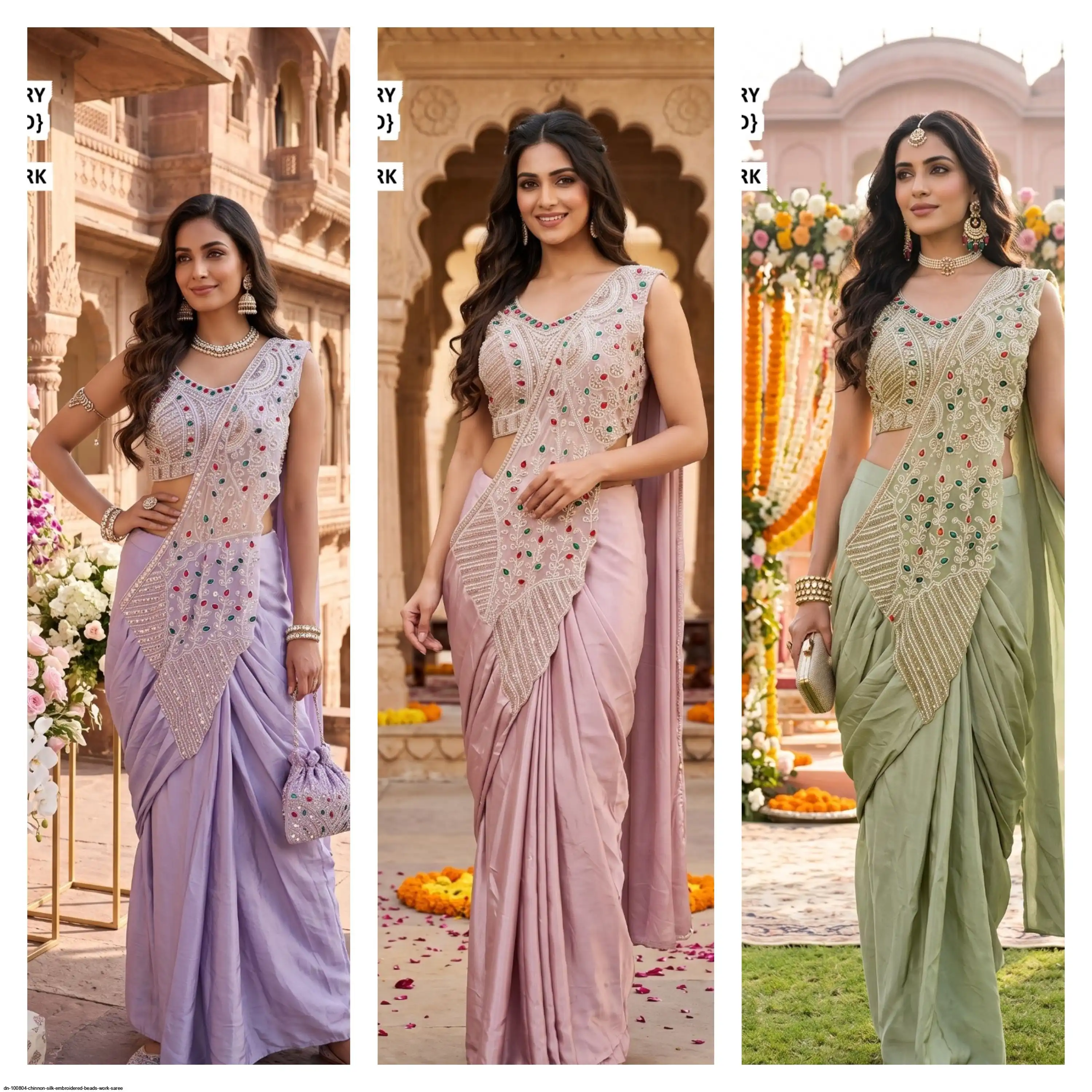 DN 100804 CHINNON SILK EMBROIDERED BEADS WORK SAREE
