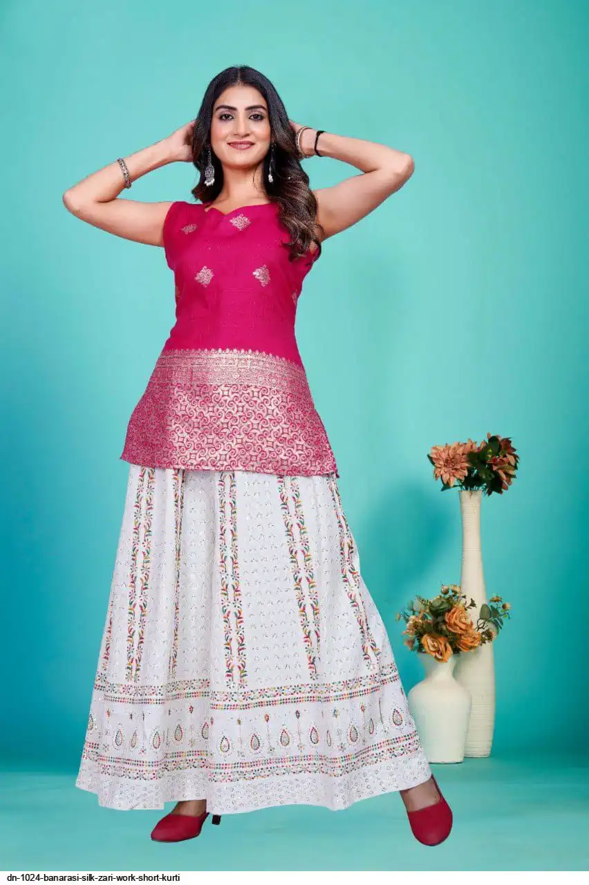 DN 1024 BANARASI SILK ZARI WORK SHORT KURTI