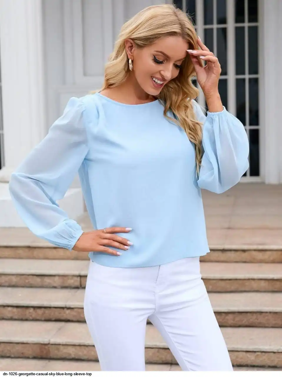 DN 1026 GEORGETTE CASUAL SKY BLUE LONG SLEEVE TOP