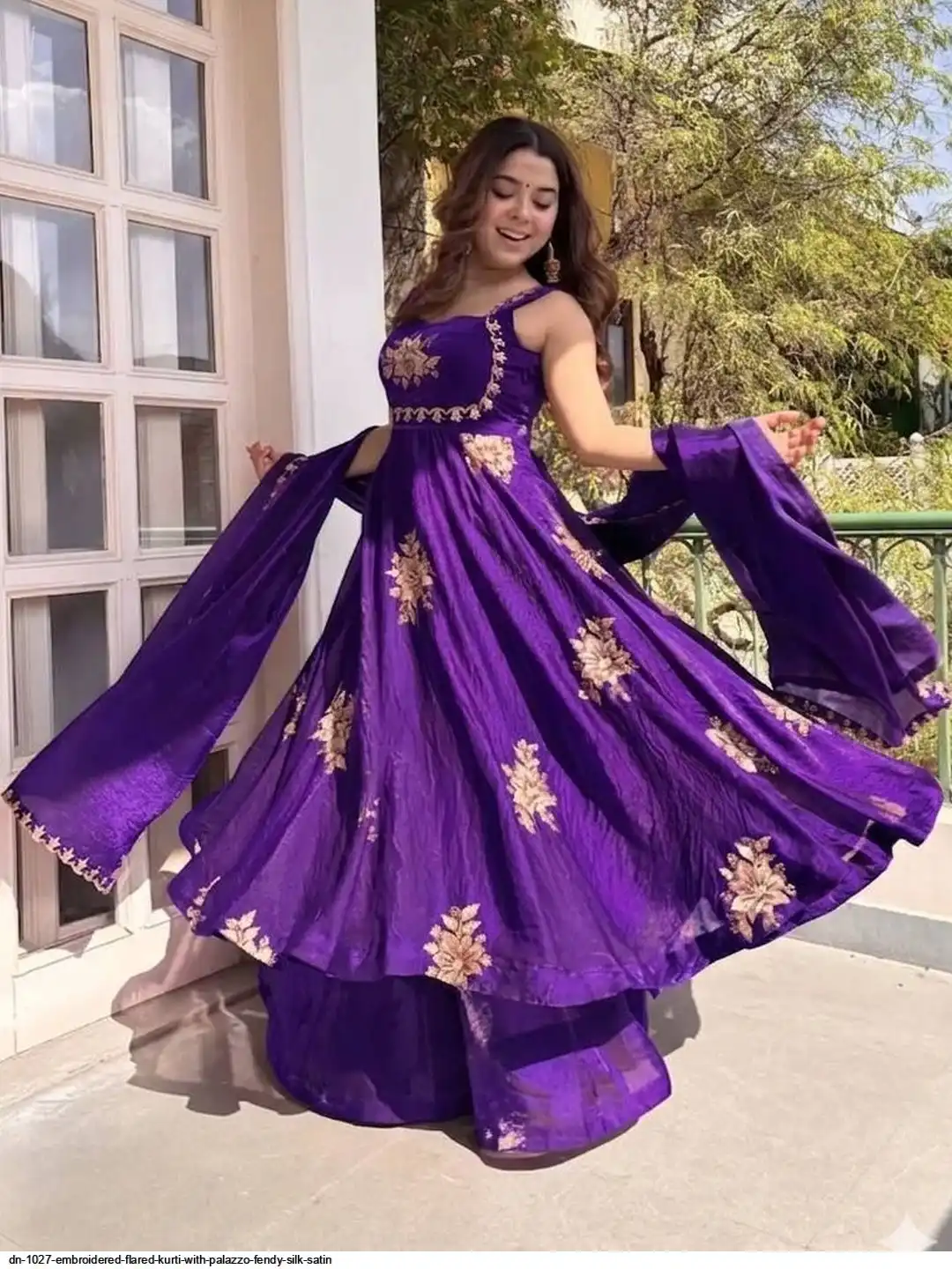 DN 1027 EMBROIDERED FLARED KURTI WITH PALAZZO FENDY SILK SATIN B