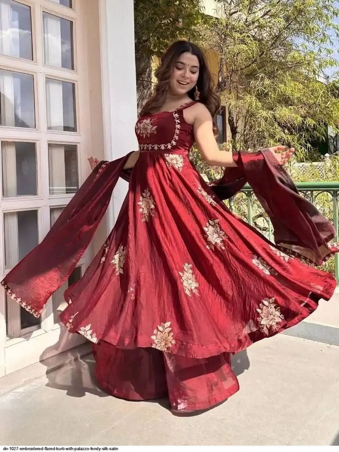 DN 1027 EMBROIDERED FLARED KURTI WITH PALAZZO FENDY SILK SATIN A