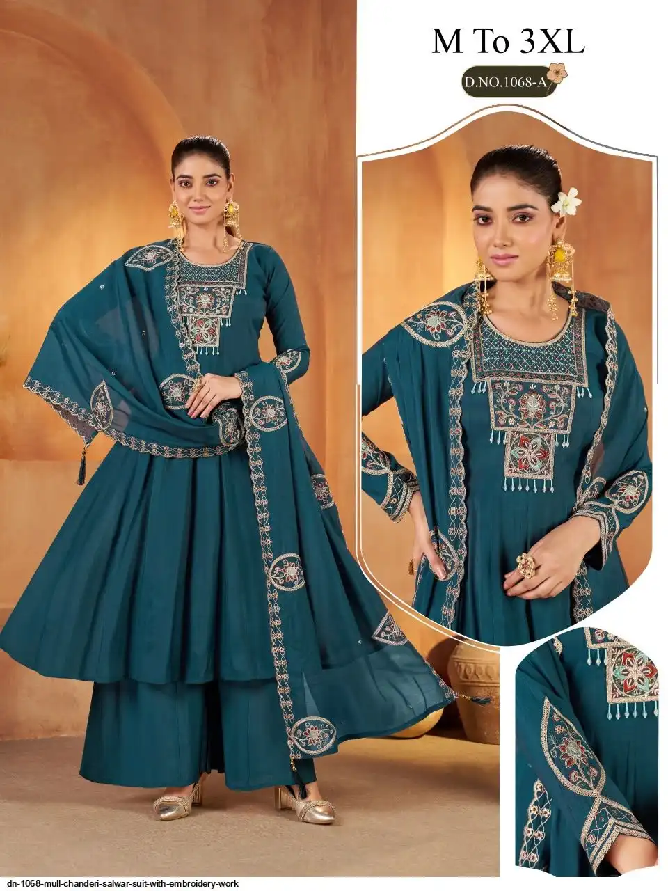 DN 1068 MULL CHANDERI SALWAR SUIT WITH EMBROIDERY WORK A