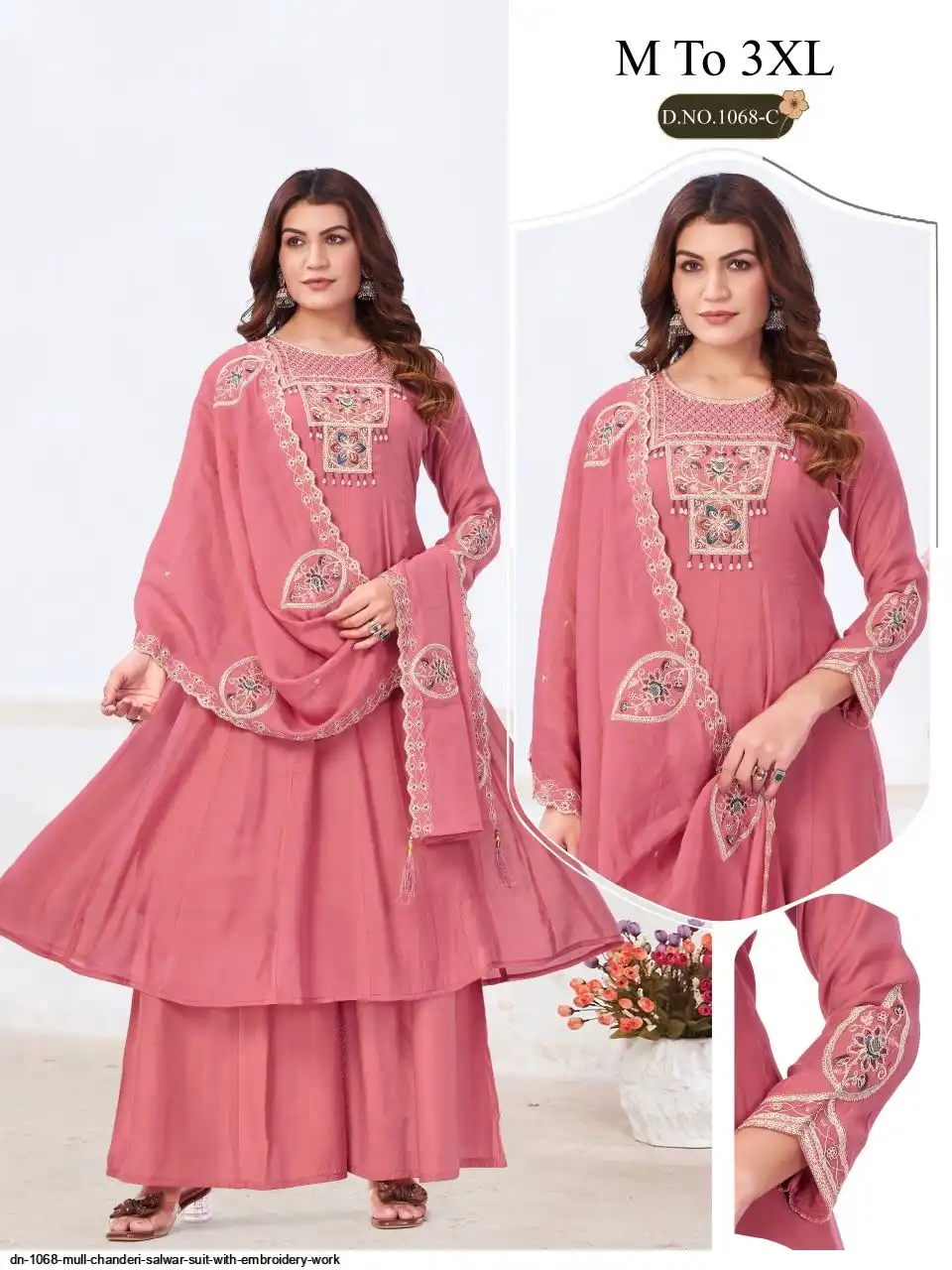 DN 1068 MULL CHANDERI SALWAR SUIT WITH EMBROIDERY WORK C