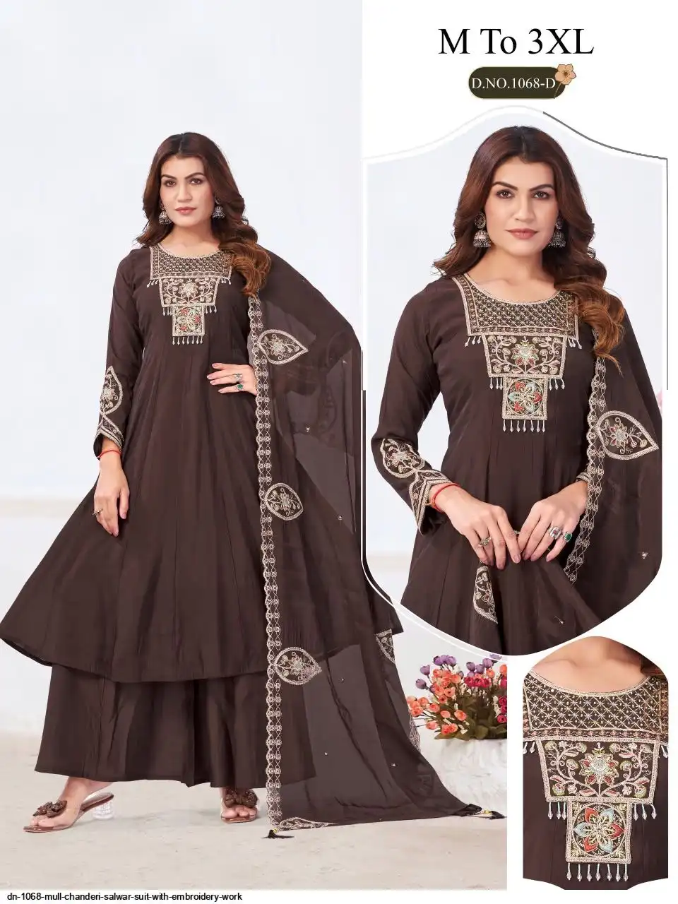 DN 1068 MULL CHANDERI SALWAR SUIT WITH EMBROIDERY WORK D