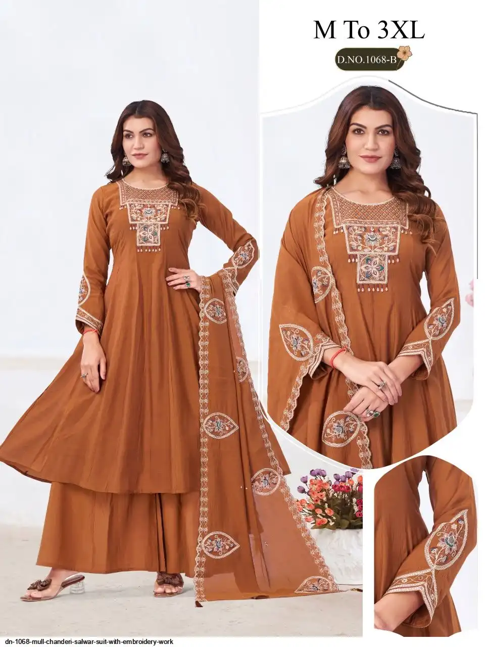 DN 1068 MULL CHANDERI SALWAR SUIT WITH EMBROIDERY WORK B