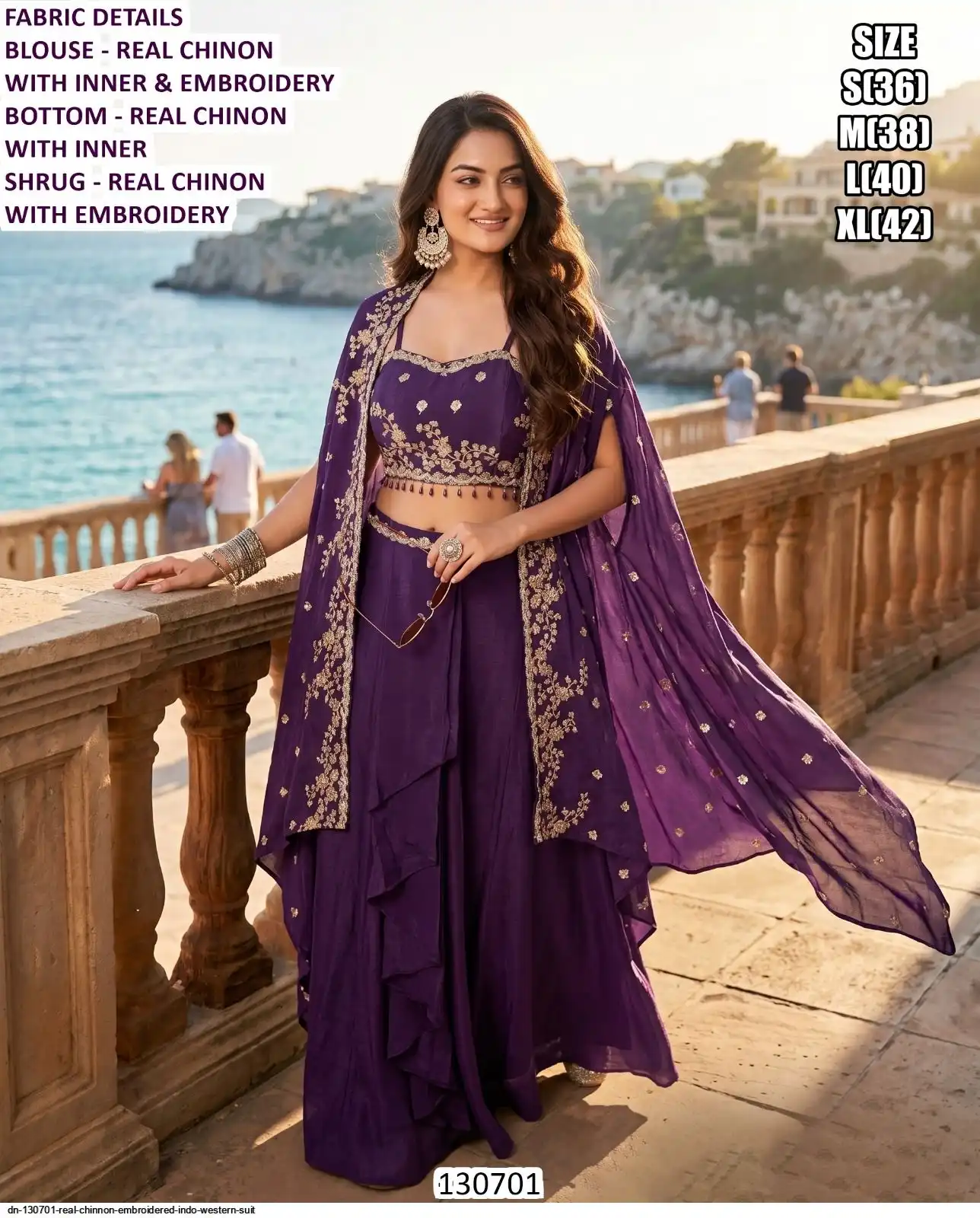 DN 130701 REAL CHINNON EMBROIDERED INDO WESTERN SUIT C