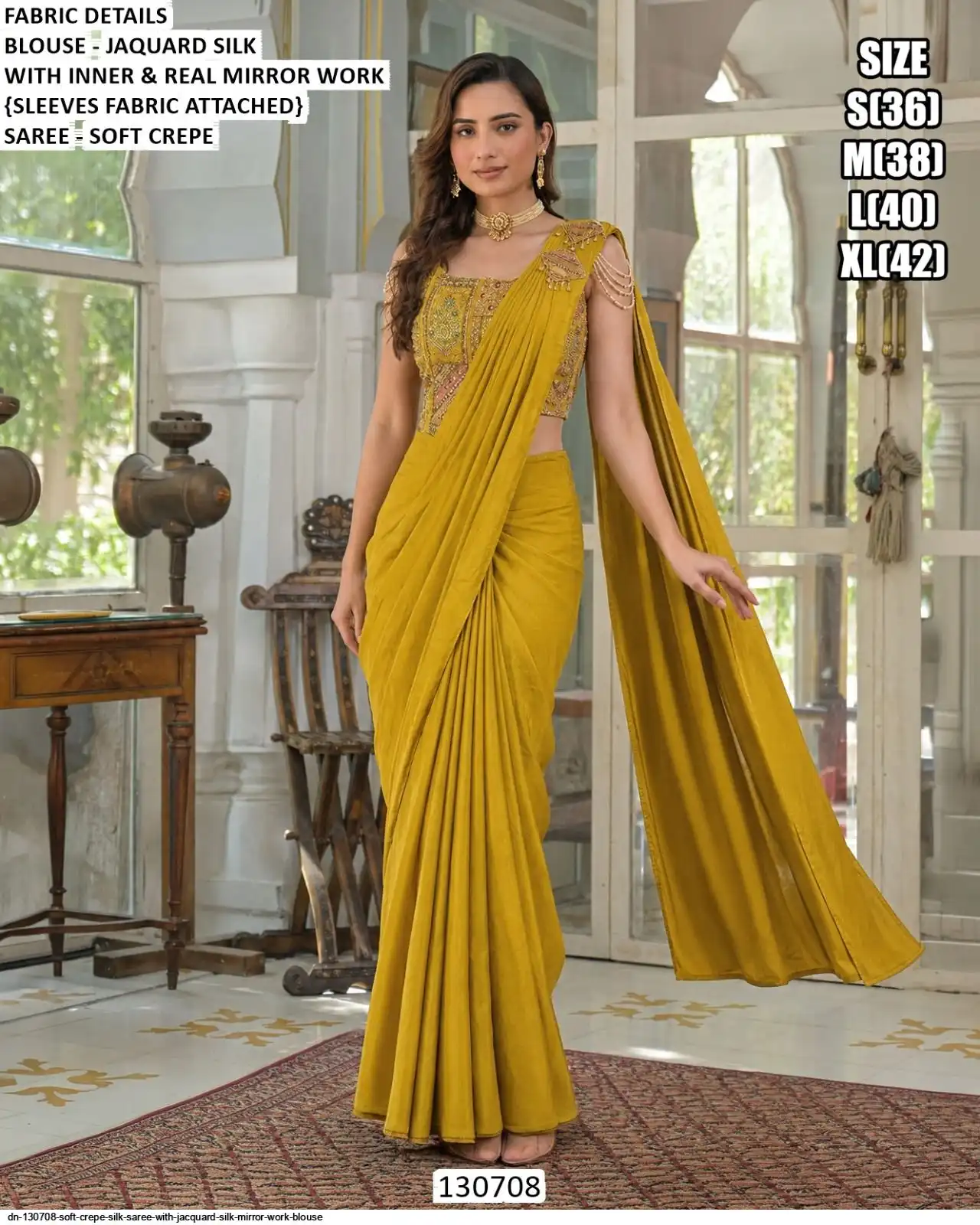 DN 130708 SOFT CREPE SILK SAREE WITH JACQUARD SILK MIRROR WORK BLOUSE A