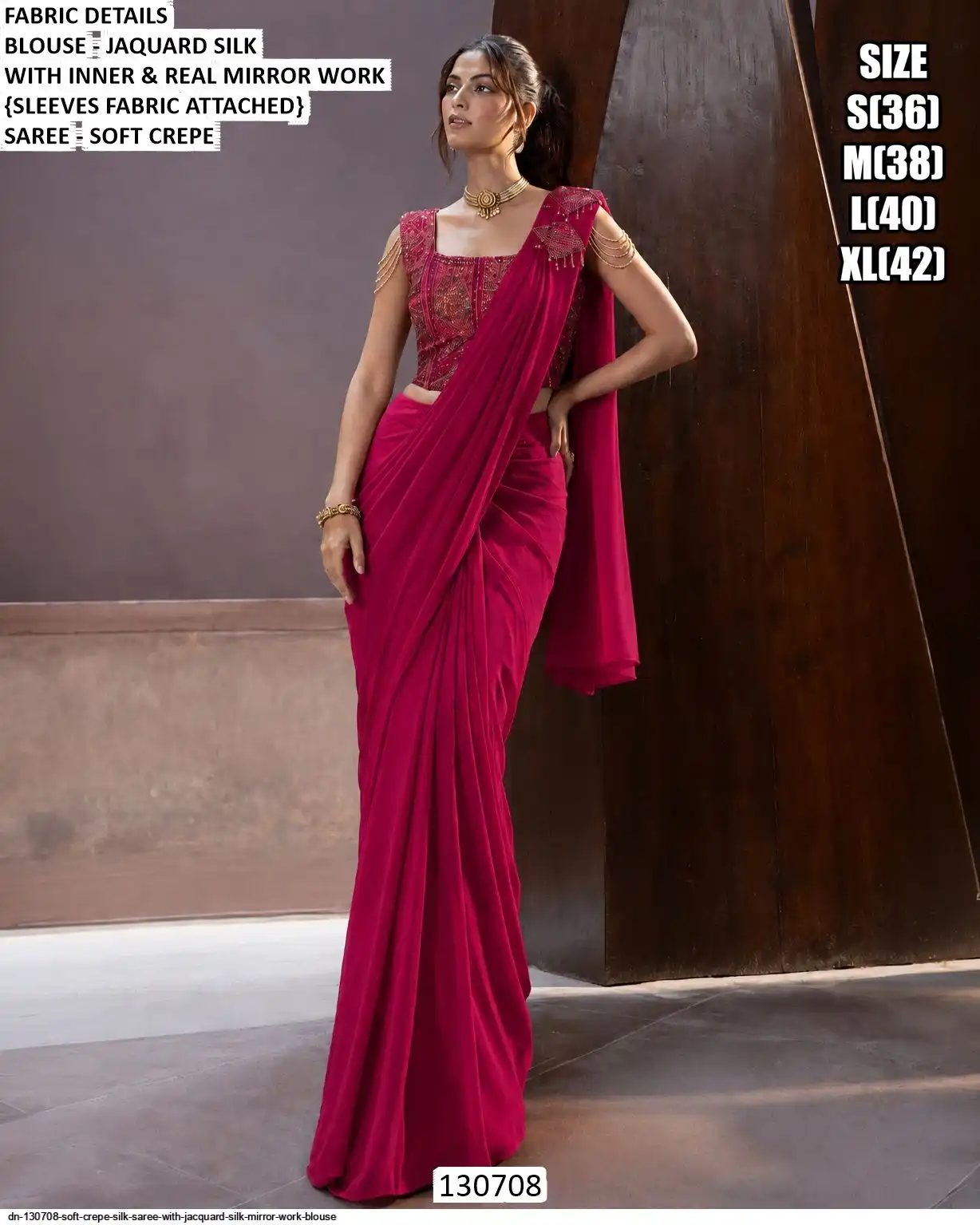 DN 130708 SOFT CREPE SILK SAREE WITH JACQUARD SILK MIRROR WORK BLOUSE B