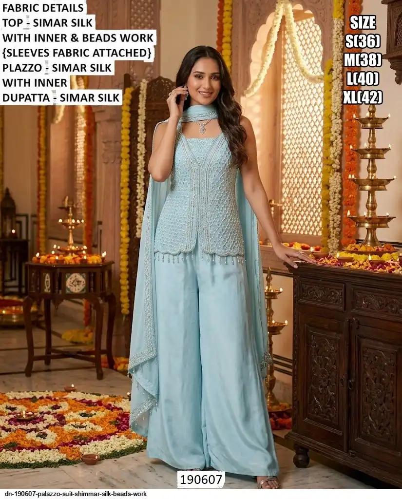 DN 190607 PALAZZO SUIT SHIMMAR SILK BEADS WORK 190607