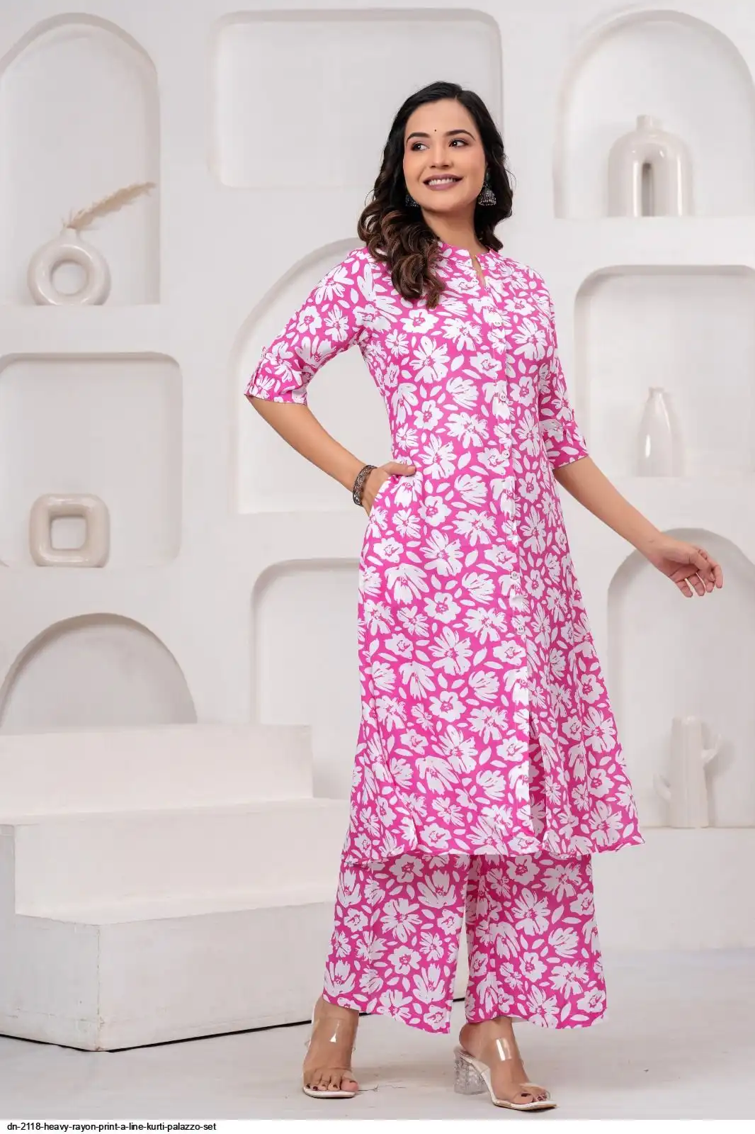 DN 2118 HEAVY RAYON PRINT A LINE KURTI PALAZZO SET J