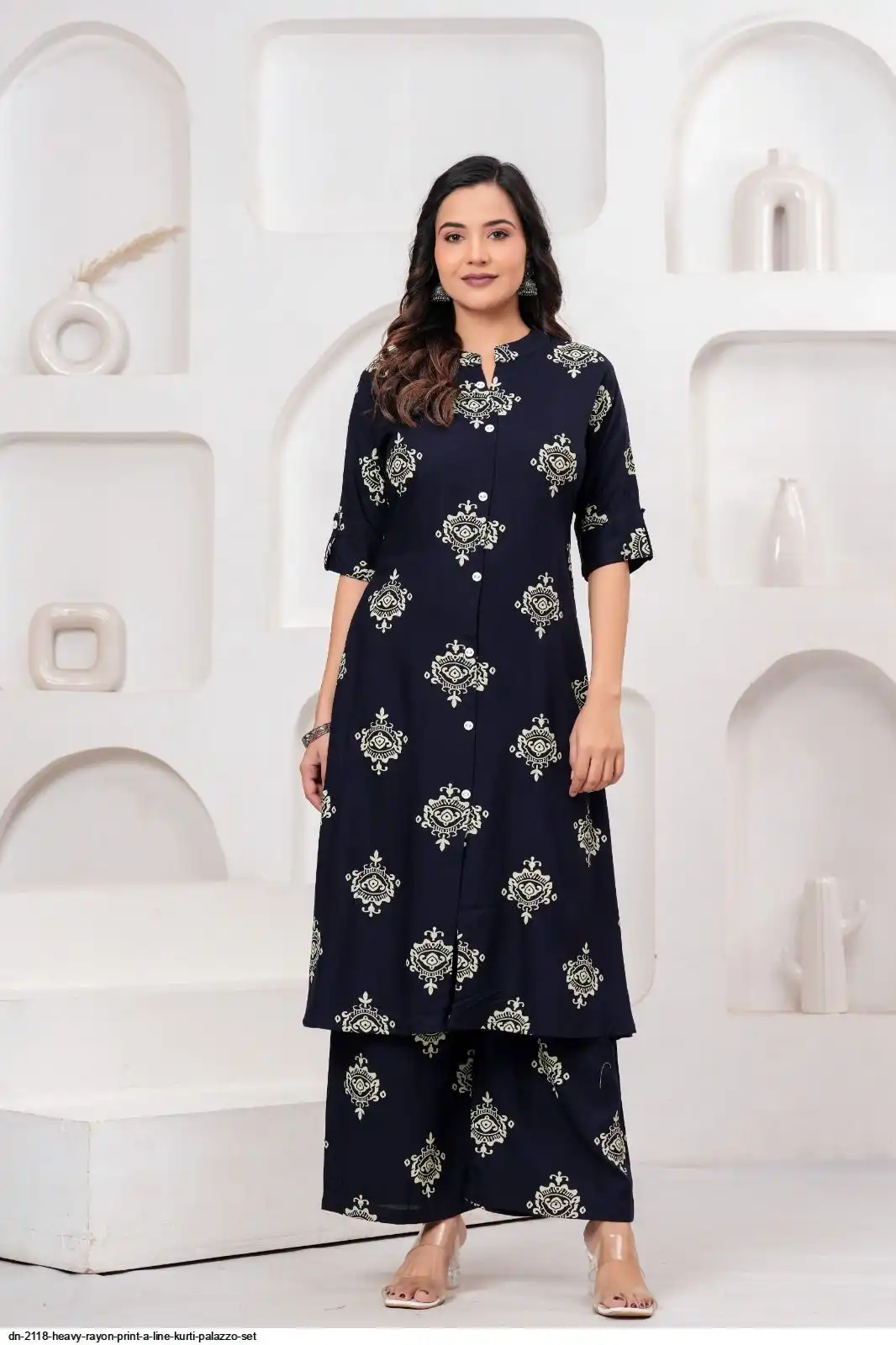 DN 2118 HEAVY RAYON PRINT A LINE KURTI PALAZZO SET C