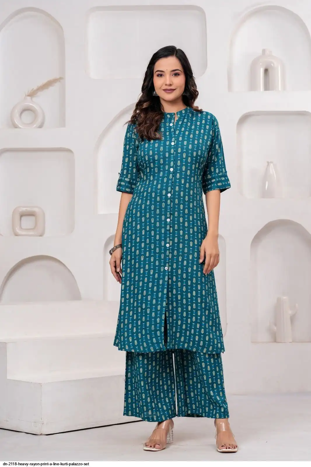 DN 2118 HEAVY RAYON PRINT A LINE KURTI PALAZZO SET G
