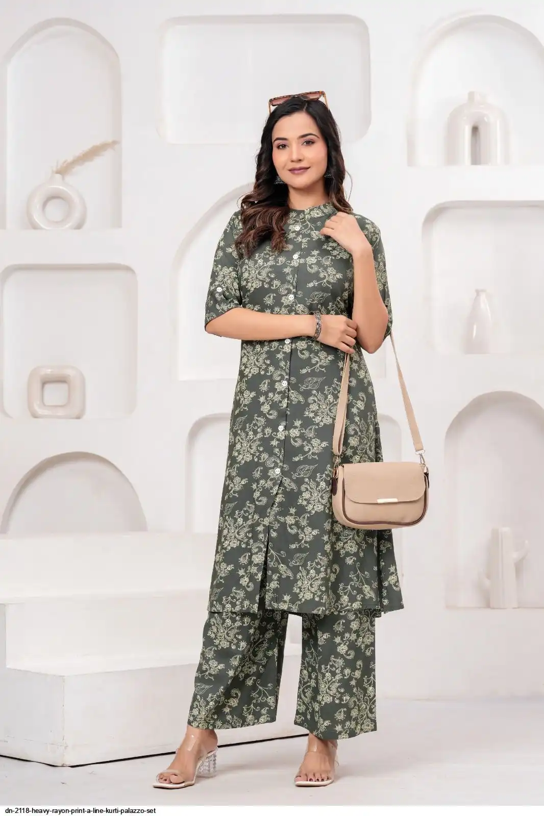 DN 2118 HEAVY RAYON PRINT A LINE KURTI PALAZZO SET B