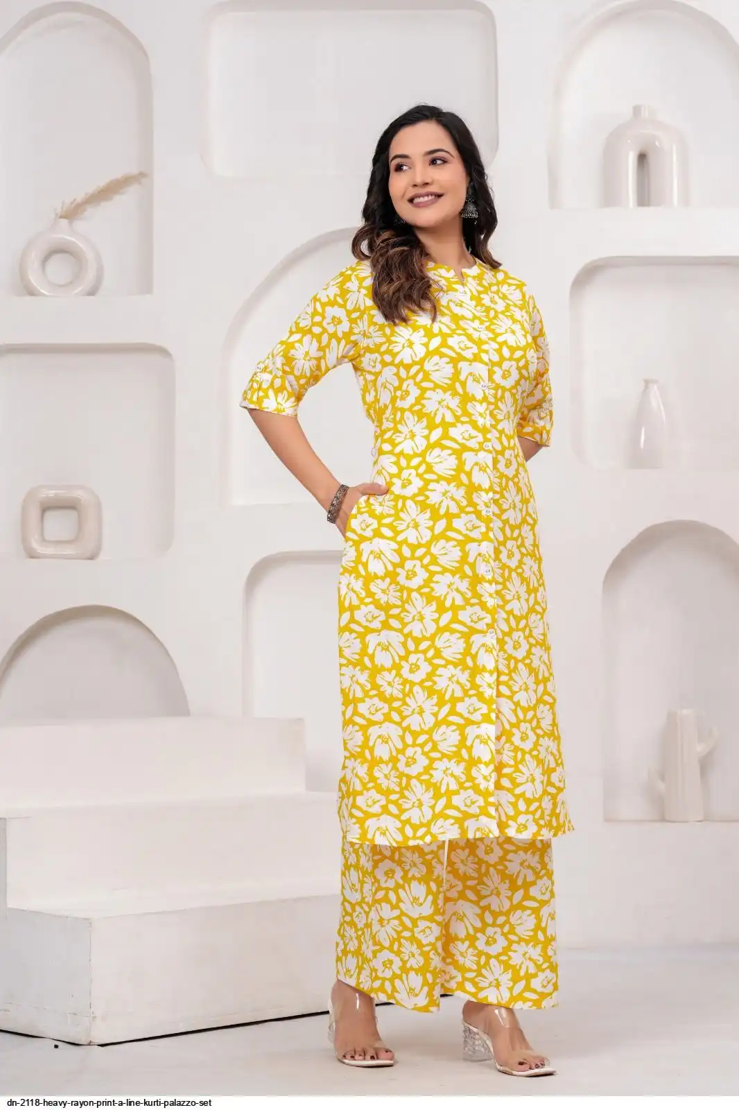 DN 2118 HEAVY RAYON PRINT A LINE KURTI PALAZZO SET I