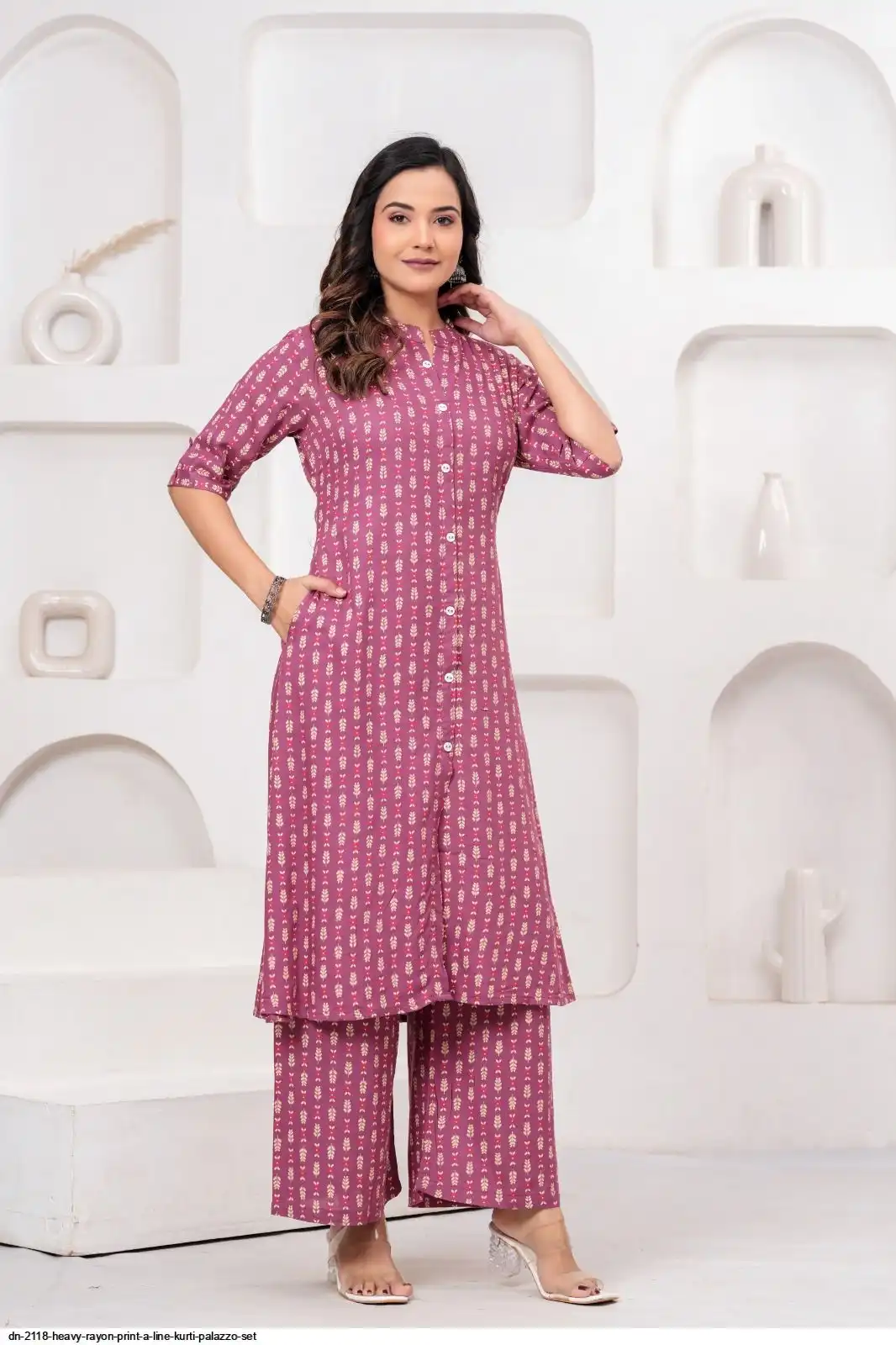 DN 2118 HEAVY RAYON PRINT A LINE KURTI PALAZZO SET A