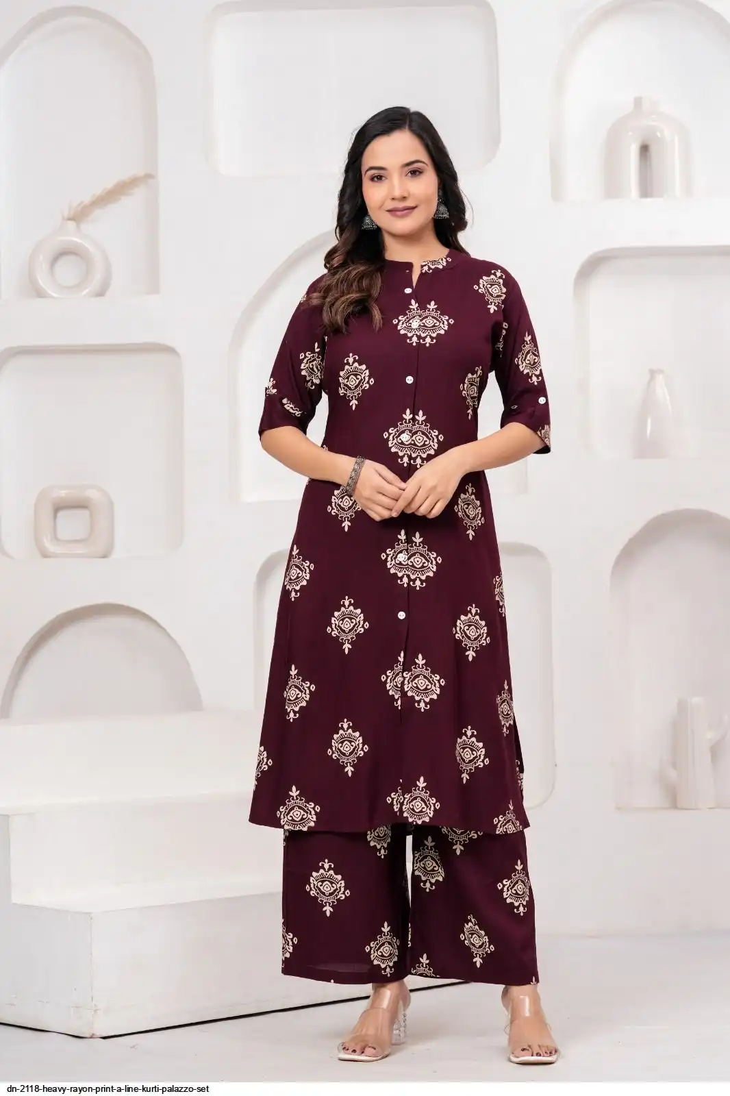 DN 2118 HEAVY RAYON PRINT A LINE KURTI PALAZZO SET E