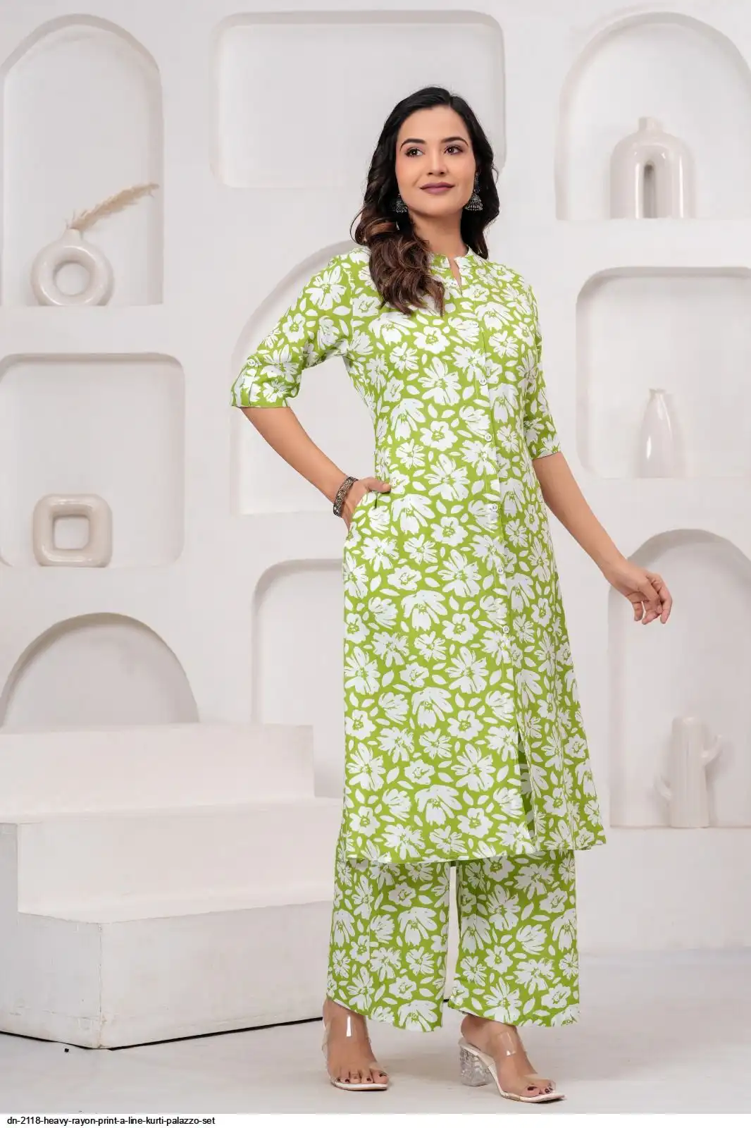 DN 2118 HEAVY RAYON PRINT A LINE KURTI PALAZZO SET K