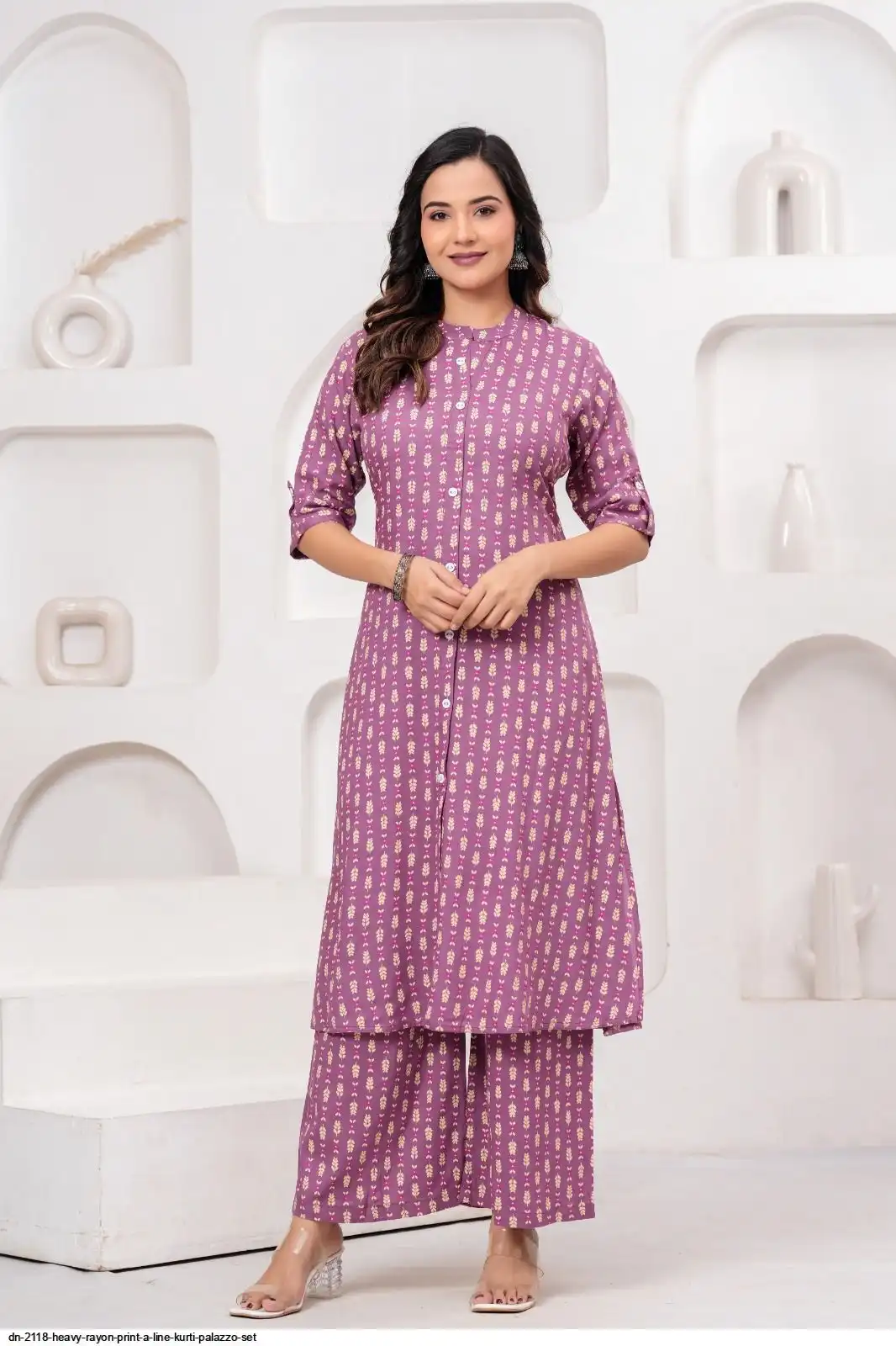 DN 2118 HEAVY RAYON PRINT A LINE KURTI PALAZZO SET D