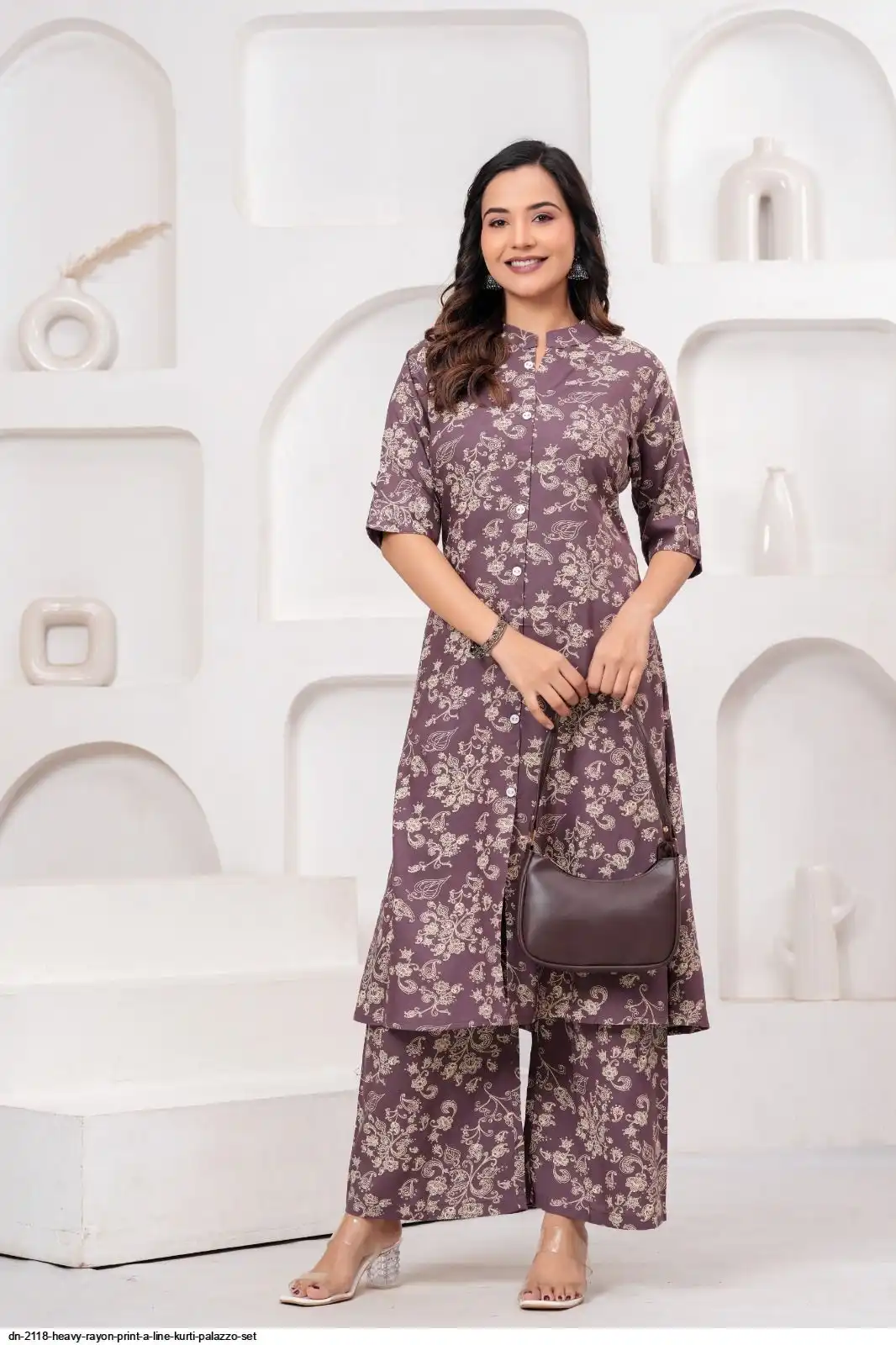 DN 2118 HEAVY RAYON PRINT A LINE KURTI PALAZZO SET F