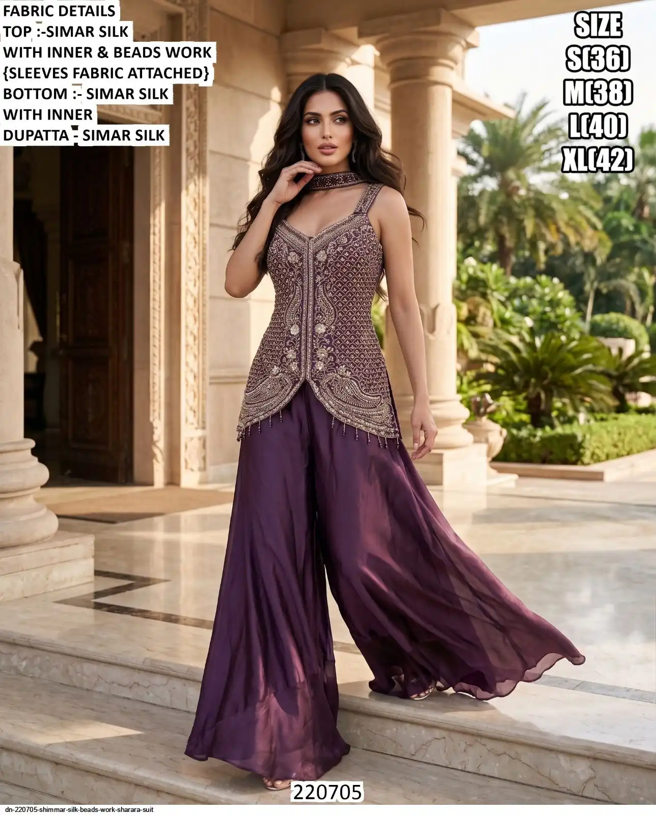 DN 220705 SHIMMAR SILK BEADS WORK SHARARA SUIT A