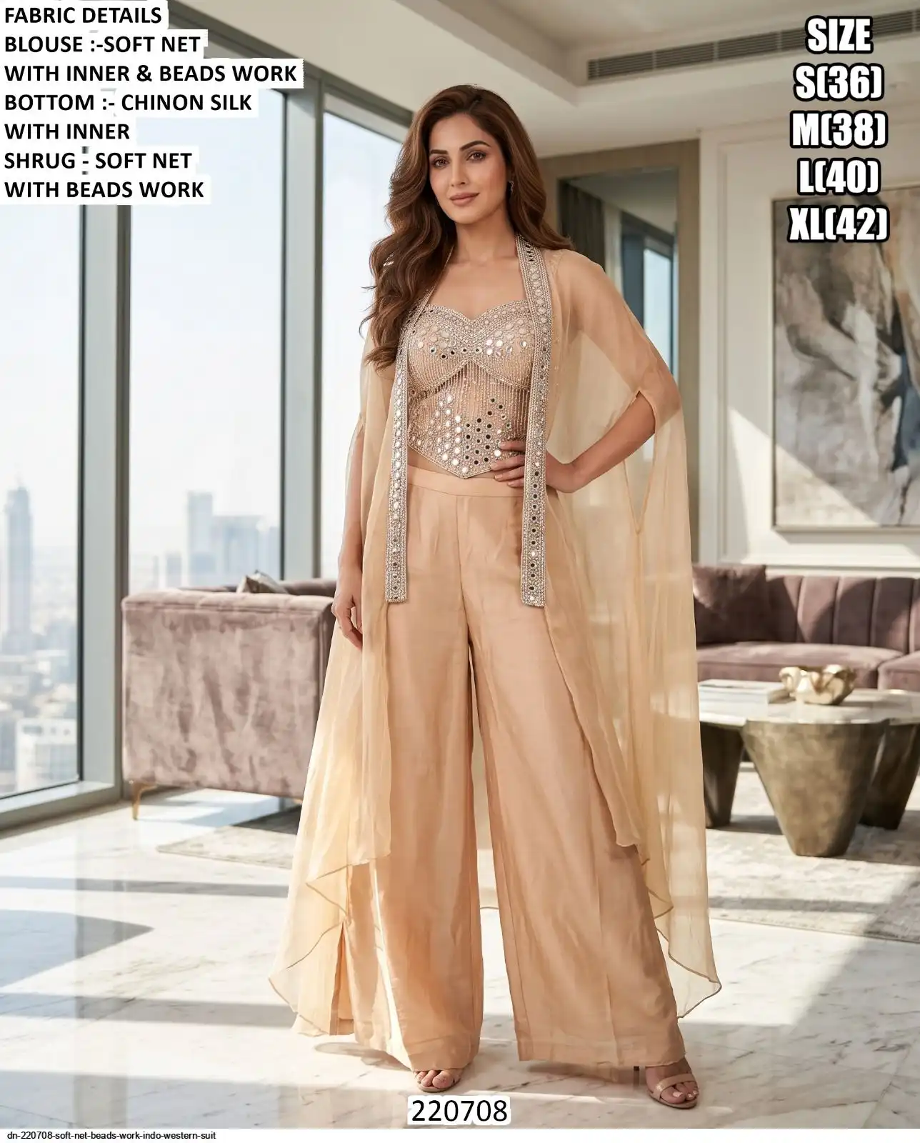 DN 220708 SOFT NET BEADS WORK INDO WESTERN SUIT A