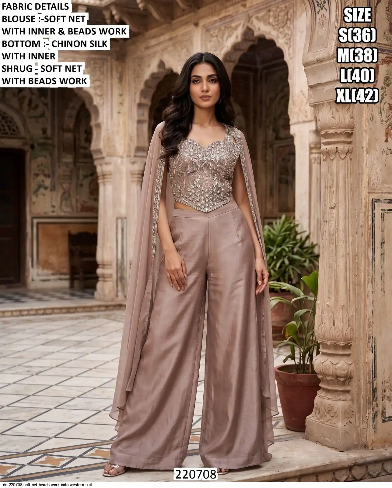 DN 220708 SOFT NET BEADS WORK INDO WESTERN SUIT C
