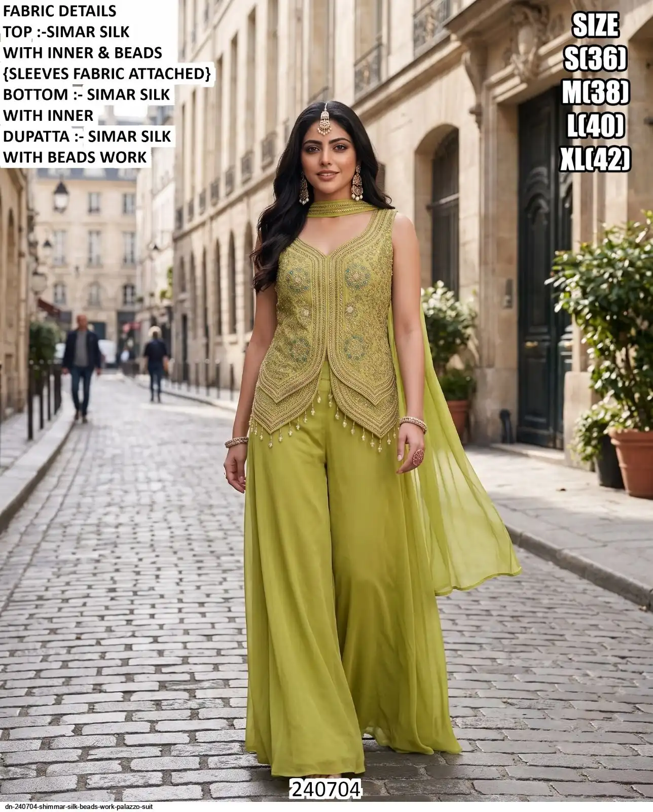 DN 240704 SHIMMAR SILK BEADS WORK PALAZZO SUIT A