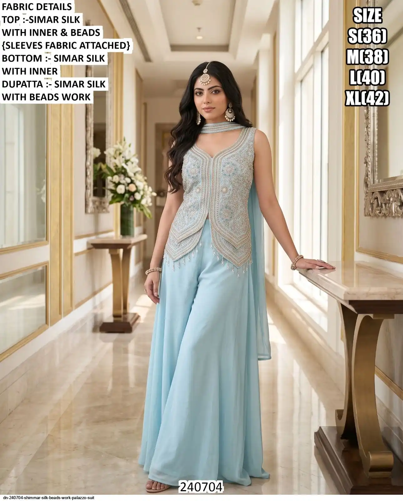 DN 240704 SHIMMAR SILK BEADS WORK PALAZZO SUIT C