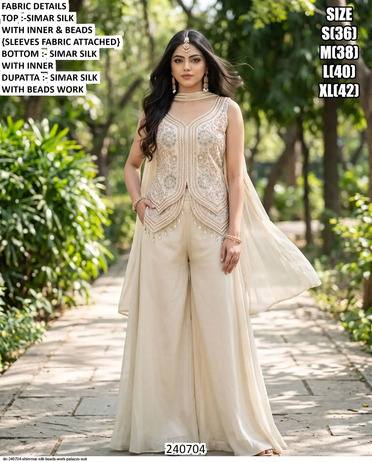 DN 240704 SHIMMAR SILK BEADS WORK PALAZZO SUIT B
