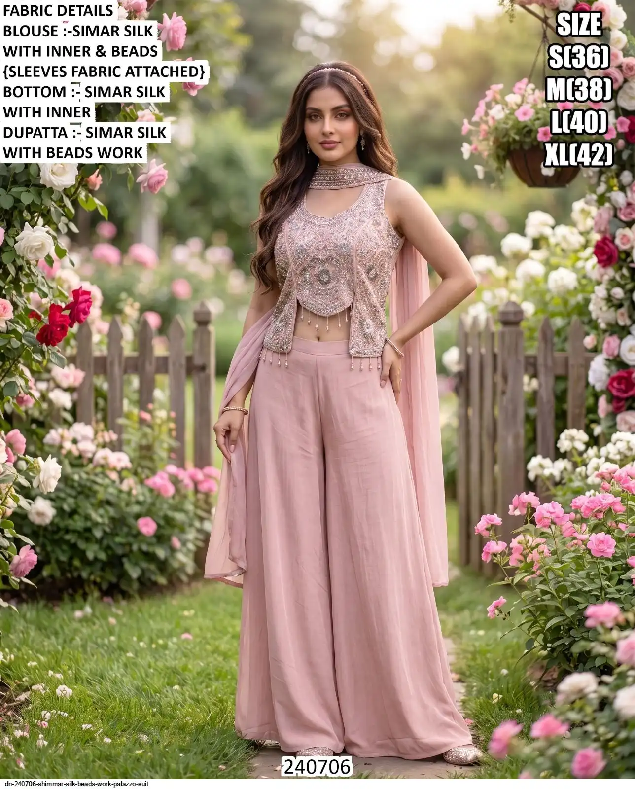 DN 240706 SHIMMAR SILK BEADS WORK PALAZZO SUIT C