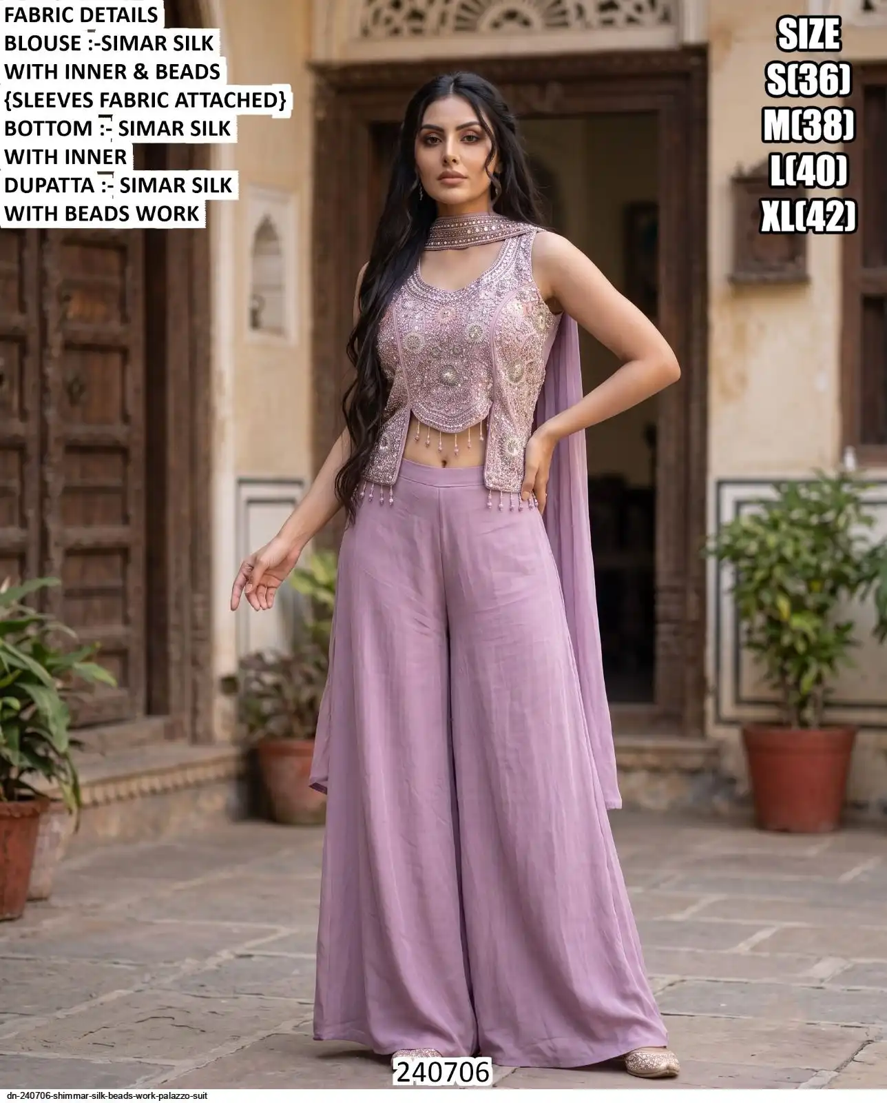 DN 240706 SHIMMAR SILK BEADS WORK PALAZZO SUIT A