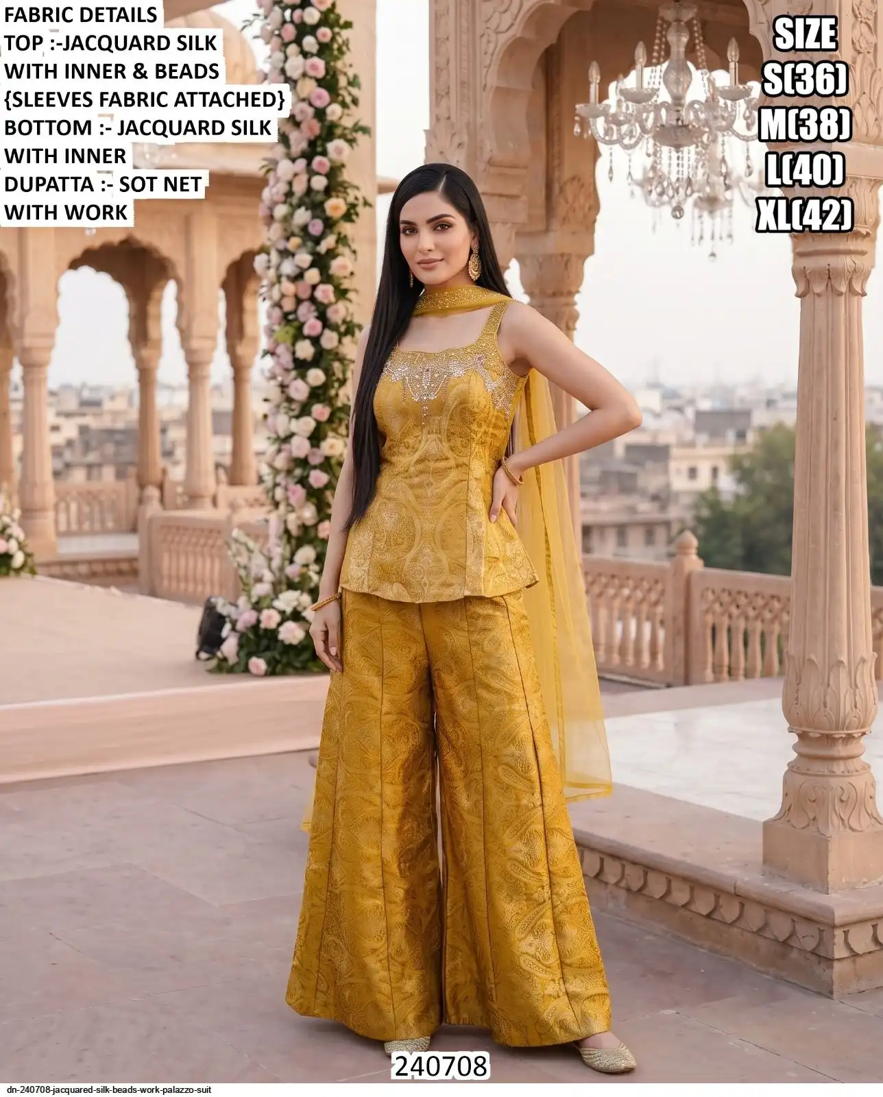DN 240708 JACQUARED SILK BEADS WORK PALAZZO SUIT A
