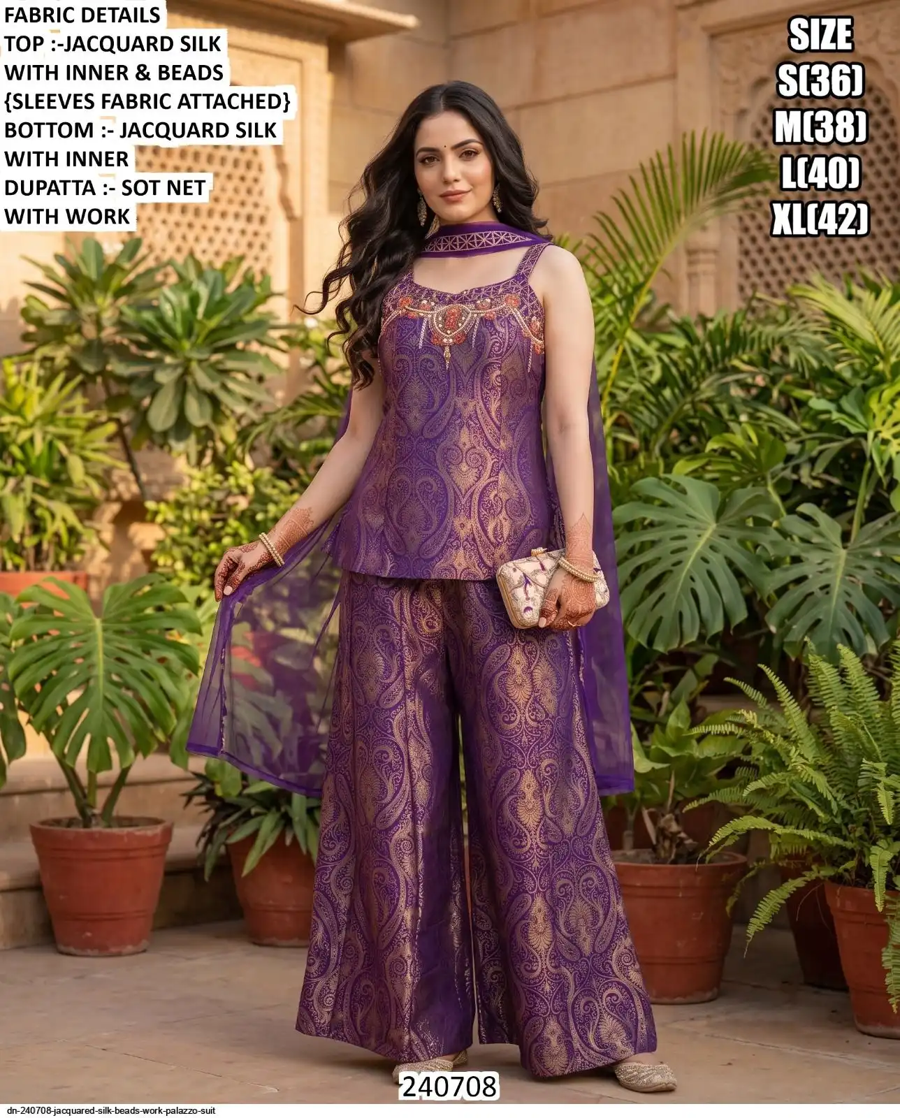 DN 240708 JACQUARED SILK BEADS WORK PALAZZO SUIT B