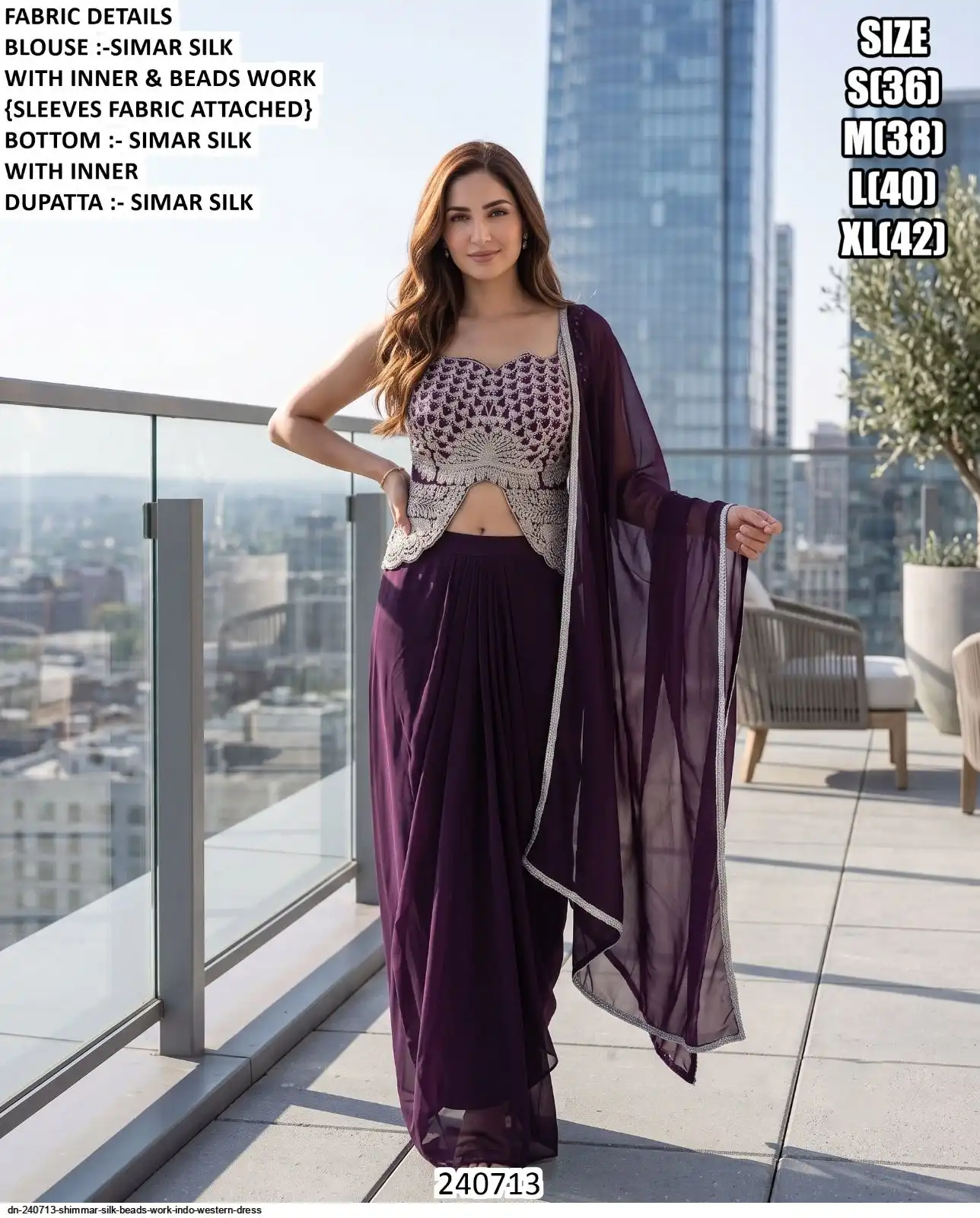 DN 240713 SHIMMAR SILK BEADS WORK INDO WESTERN DRESS A